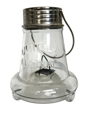 Unique Fly Trap Clear Glass With Feet Vintage Metal Lid With Hanger 7" Tall
